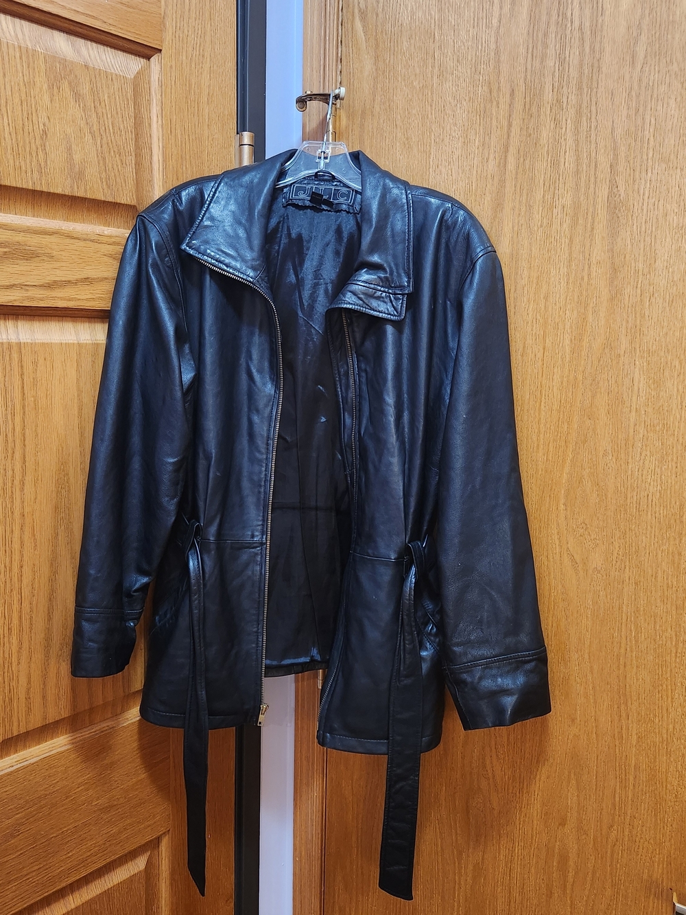 Women's Black Leather Jacket with Waist Tie